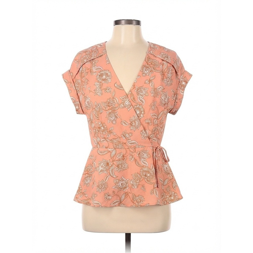 Monteau Los Angeles Peach Floral Wrap Peplum Top Short Sleeve V-Neck Large